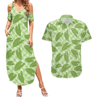 Green Hawaii Kalo Palaka Motifs Couples Matching Summer Maxi Dress and Hawaiian Shirt Hawaiian Taro Leaves Elegant Vibes - Polynesian Pride