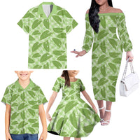 Green Hawaii Kalo Palaka Motifs Family Matching Off The Shoulder Long Sleeve Dress and Hawaiian Shirt Hawaiian Taro Leaves Elegant Vibes - Polynesian Pride