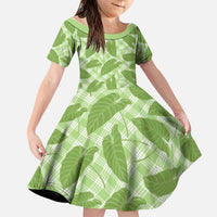 Green Hawaii Kalo Palaka Motifs Family Matching Off Shoulder Short Dress and Hawaiian Shirt Hawaiian Taro Leaves Elegant Vibes - Polynesian Pride