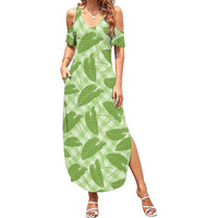 Green Hawaii Kalo Palaka Motifs Family Matching Summer Maxi Dress and Hawaiian Shirt Hawaiian Taro Leaves Elegant Vibes - Polynesian Pride
