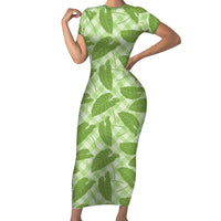Green Hawaii Kalo Palaka Motifs Short Sleeve Bodycon Dress Hawaiian Taro Leaves Elegant Vibes - Polynesian Pride