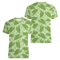 Green Hawaii Kalo Palaka Motifs Women V-Neck T-Shirt Hawaiian Taro Leaves Elegant Vibes - Polynesian Pride