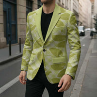 Lime Green Hawaii Kalo Palaka Motifs Blazer Hawaiian Taro Leaves Elegant Vibes - Polynesian Pride