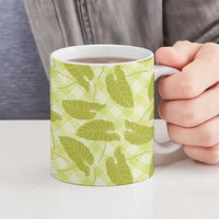 Lime Green Hawaii Kalo Palaka Motifs Ceramic Mug Hawaiian Taro Leaves Elegant Vibes - Polynesian Pride