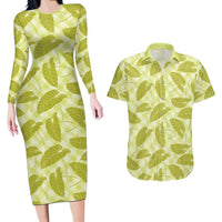 Lime Green Hawaii Kalo Palaka Motifs Couples Matching Long Sleeve Bodycon Dress and Hawaiian Shirt Hawaiian Taro Leaves Elegant Vibes - Polynesian Pride