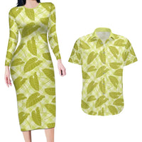 Lime Green Hawaii Kalo Palaka Motifs Couples Matching Long Sleeve Bodycon Dress and Hawaiian Shirt Hawaiian Taro Leaves Elegant Vibes - Polynesian Pride