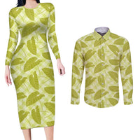Lime Green Hawaii Kalo Palaka Motifs Couples Matching Long Sleeve Bodycon Dress and Long Sleeve Button Shirt Hawaiian Taro Leaves Elegant Vibes - Polynesian Pride