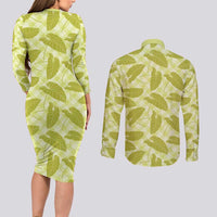 Lime Green Hawaii Kalo Palaka Motifs Couples Matching Long Sleeve Bodycon Dress and Long Sleeve Button Shirt Hawaiian Taro Leaves Elegant Vibes - Polynesian Pride