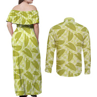 Lime Green Hawaii Kalo Palaka Motifs Couples Matching Off Shoulder Maxi Dress and Long Sleeve Button Shirt Hawaiian Taro Leaves Elegant Vibes - Polynesian Pride