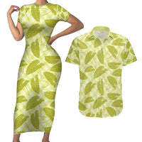 Lime Green Hawaii Kalo Palaka Motifs Couples Matching Short Sleeve Bodycon Dress and Hawaiian Shirt Hawaiian Taro Leaves Elegant Vibes - Polynesian Pride