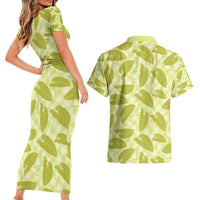 Lime Green Hawaii Kalo Palaka Motifs Couples Matching Short Sleeve Bodycon Dress and Hawaiian Shirt Hawaiian Taro Leaves Elegant Vibes - Polynesian Pride