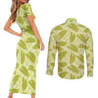Lime Green Hawaii Kalo Palaka Motifs Couples Matching Short Sleeve Bodycon Dress and Long Sleeve Button Shirt Hawaiian Taro Leaves Elegant Vibes - Polynesian Pride
