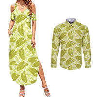 Lime Green Hawaii Kalo Palaka Motifs Couples Matching Summer Maxi Dress and Long Sleeve Button Shirt Hawaiian Taro Leaves Elegant Vibes - Polynesian Pride