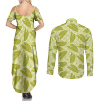 Lime Green Hawaii Kalo Palaka Motifs Couples Matching Summer Maxi Dress and Long Sleeve Button Shirt Hawaiian Taro Leaves Elegant Vibes - Polynesian Pride