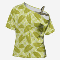 Lime Green Hawaii Kalo Palaka Motifs Cross Shoulder Shirt Hawaiian Taro Leaves Elegant Vibes - Polynesian Pride