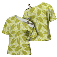 Lime Green Hawaii Kalo Palaka Motifs Cross Shoulder Shirt Hawaiian Taro Leaves Elegant Vibes - Polynesian Pride