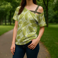 Lime Green Hawaii Kalo Palaka Motifs Cross Shoulder Shirt Hawaiian Taro Leaves Elegant Vibes - Polynesian Pride