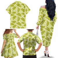 Lime Green Hawaii Kalo Palaka Motifs Family Matching Off The Shoulder Long Sleeve Dress and Hawaiian Shirt Hawaiian Taro Leaves Elegant Vibes - Polynesian Pride