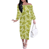 Lime Green Hawaii Kalo Palaka Motifs Family Matching Off The Shoulder Long Sleeve Dress and Hawaiian Shirt Hawaiian Taro Leaves Elegant Vibes - Polynesian Pride