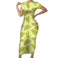 Lime Green Hawaii Kalo Palaka Motifs Family Matching Short Sleeve Bodycon Dress and Hawaiian Shirt Hawaiian Taro Leaves Elegant Vibes - Polynesian Pride