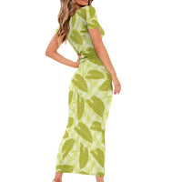 Lime Green Hawaii Kalo Palaka Motifs Family Matching Short Sleeve Bodycon Dress and Hawaiian Shirt Hawaiian Taro Leaves Elegant Vibes - Polynesian Pride