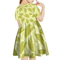 Lime Green Hawaii Kalo Palaka Motifs Kid Short Sleeve Dress Hawaiian Taro Leaves Elegant Vibes - Polynesian Pride