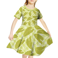 Lime Green Hawaii Kalo Palaka Motifs Kid Short Sleeve Dress Hawaiian Taro Leaves Elegant Vibes - Polynesian Pride