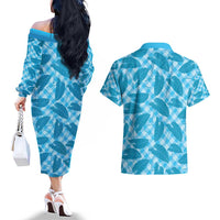 Blue Hawaii Kalo Palaka Motifs Couples Matching Off The Shoulder Long Sleeve Dress and Hawaiian Shirt Hawaiian Taro Leaves Elegant Vibes - Polynesian Pride