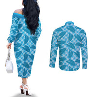 Blue Hawaii Kalo Palaka Motifs Couples Matching Off The Shoulder Long Sleeve Dress and Long Sleeve Button Shirt Hawaiian Taro Leaves Elegant Vibes - Polynesian Pride