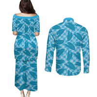 Blue Hawaii Kalo Palaka Motifs Couples Matching Puletasi and Long Sleeve Button Shirt Hawaiian Taro Leaves Elegant Vibes - Polynesian Pride