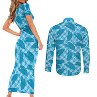 Blue Hawaii Kalo Palaka Motifs Couples Matching Short Sleeve Bodycon Dress and Long Sleeve Button Shirt Hawaiian Taro Leaves Elegant Vibes - Polynesian Pride