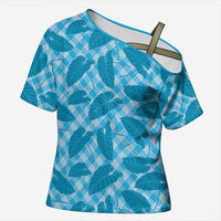 Blue Hawaii Kalo Palaka Motifs Cross Shoulder Shirt Hawaiian Taro Leaves Elegant Vibes - Polynesian Pride