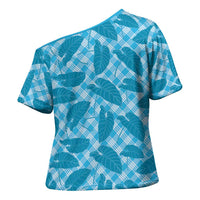 Blue Hawaii Kalo Palaka Motifs Cross Shoulder Shirt Hawaiian Taro Leaves Elegant Vibes - Polynesian Pride