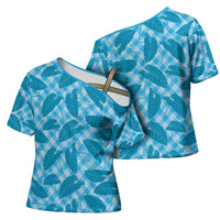 Blue Hawaii Kalo Palaka Motifs Cross Shoulder Shirt Hawaiian Taro Leaves Elegant Vibes - Polynesian Pride