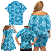 Blue Hawaii Kalo Palaka Motifs Family Matching Off Shoulder Short Dress and Hawaiian Shirt Hawaiian Taro Leaves Elegant Vibes - Polynesian Pride