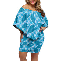 Blue Hawaii Kalo Palaka Motifs Family Matching Off Shoulder Short Dress and Hawaiian Shirt Hawaiian Taro Leaves Elegant Vibes - Polynesian Pride