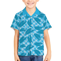 Blue Hawaii Kalo Palaka Motifs Family Matching Off Shoulder Short Dress and Hawaiian Shirt Hawaiian Taro Leaves Elegant Vibes - Polynesian Pride