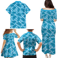 Blue Hawaii Kalo Palaka Motifs Family Matching Puletasi and Hawaiian Shirt Hawaiian Taro Leaves Elegant Vibes - Polynesian Pride