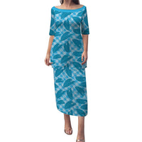 Blue Hawaii Kalo Palaka Motifs Family Matching Puletasi and Hawaiian Shirt Hawaiian Taro Leaves Elegant Vibes - Polynesian Pride