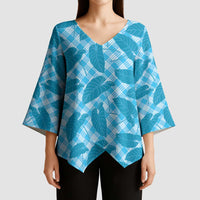 Blue Hawaii Kalo Palaka Motifs Kimono Sleeve Blouse Hawaiian Taro Leaves Elegant Vibes - Polynesian Pride