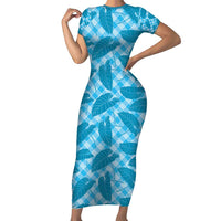 Blue Hawaii Kalo Palaka Motifs Short Sleeve Bodycon Dress Hawaiian Taro Leaves Elegant Vibes - Polynesian Pride