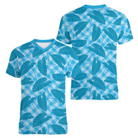 Blue Hawaii Kalo Palaka Motifs Women V-Neck T-Shirt Hawaiian Taro Leaves Elegant Vibes - Polynesian Pride