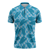 Blue Hawaii Kalo Palaka Motifs Zipper Polo Shirt Hawaiian Taro Leaves Elegant Vibes - Polynesian Pride