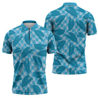 Blue Hawaii Kalo Palaka Motifs Zipper Polo Shirt Hawaiian Taro Leaves Elegant Vibes - Polynesian Pride