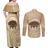 Tonga Skink Kava Bowl Couples Matching Off Shoulder Maxi Dress and Long Sleeve Button Shirt Vintage Tongan Ngatu Pattern