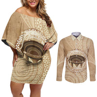 Tonga Skink Kava Bowl Couples Matching Off Shoulder Short Dress and Long Sleeve Button Shirt Vintage Tongan Ngatu Pattern
