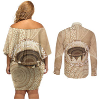 Tonga Skink Kava Bowl Couples Matching Off Shoulder Short Dress and Long Sleeve Button Shirt Vintage Tongan Ngatu Pattern