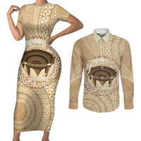Tonga Skink Kava Bowl Couples Matching Short Sleeve Bodycon Dress and Long Sleeve Button Shirt Vintage Tongan Ngatu Pattern