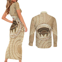Tonga Skink Kava Bowl Couples Matching Short Sleeve Bodycon Dress and Long Sleeve Button Shirt Vintage Tongan Ngatu Pattern