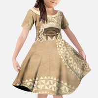 Tonga Skink Kava Bowl Family Matching Summer Maxi Dress and Hawaiian Shirt Vintage Tongan Ngatu Pattern LT14 Daughter's Dress Brown - Polynesian Pride
